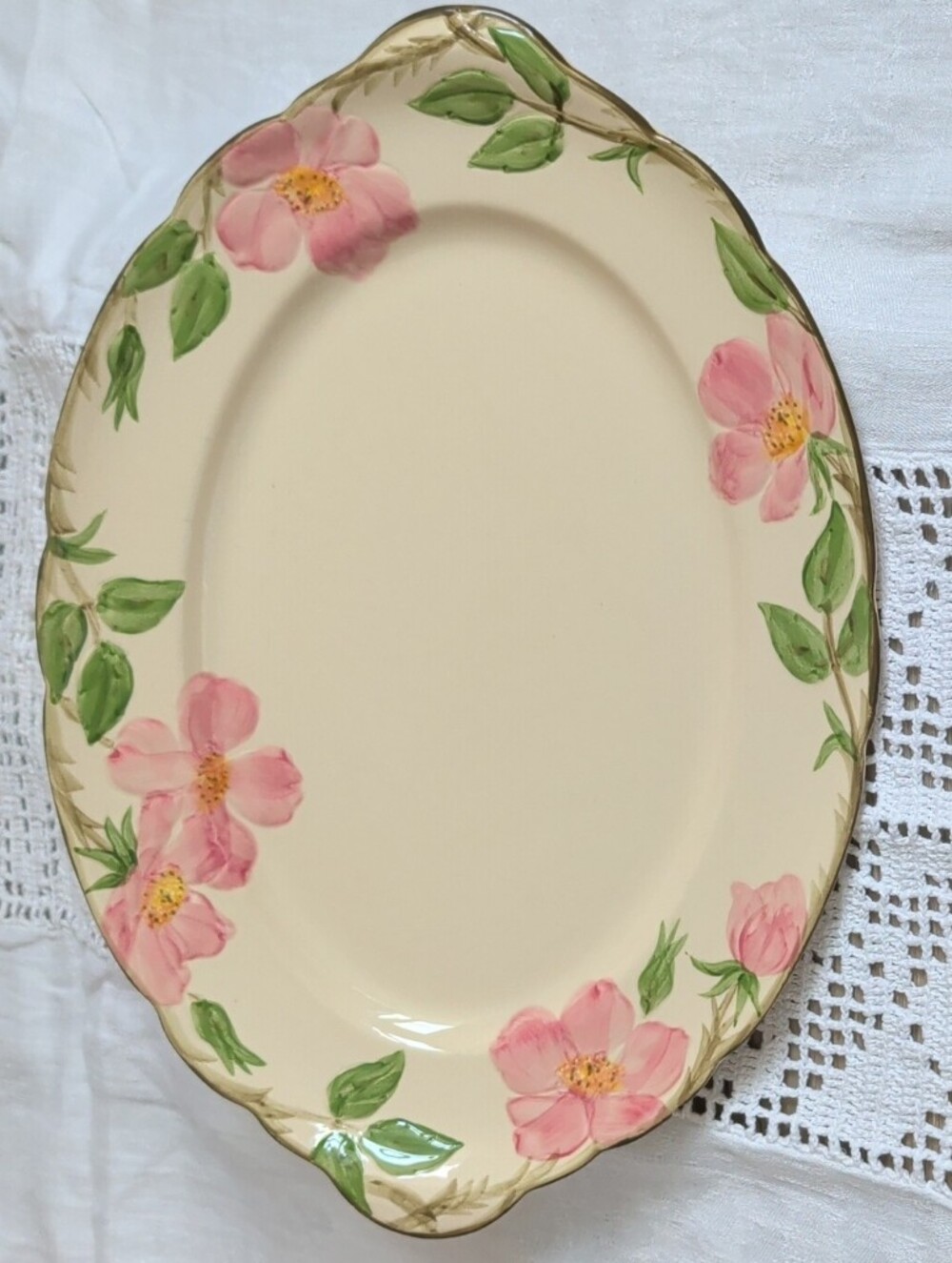 Fransican Earthenware Oval Serving Platter with Pink Flower Accents